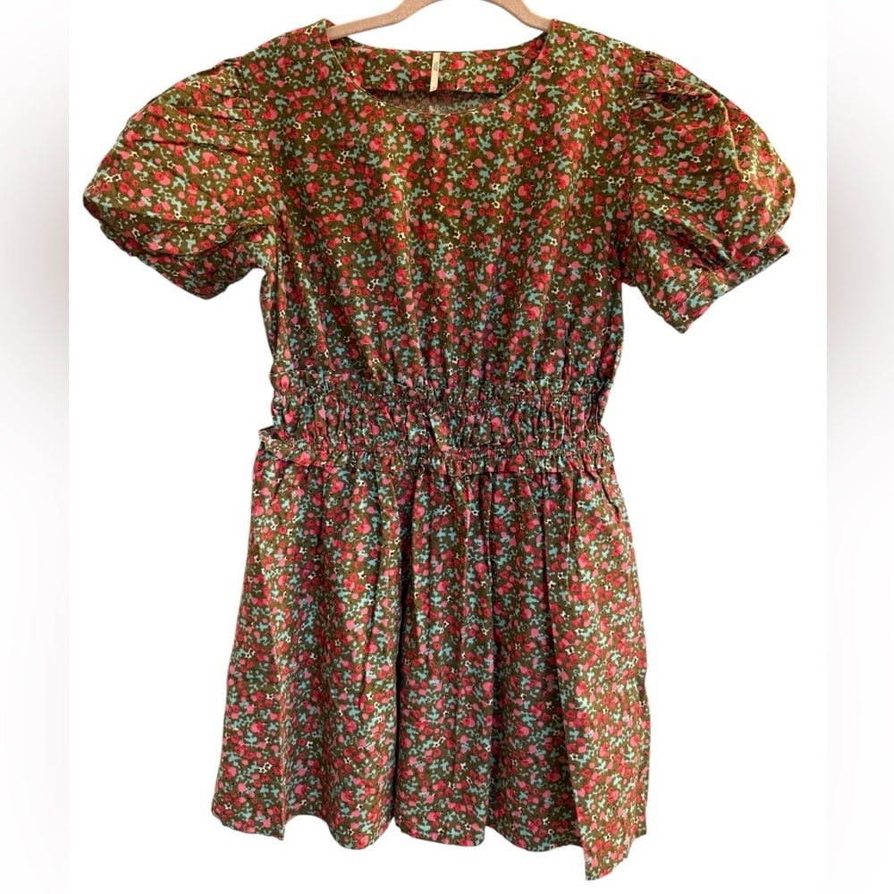 FREE PEOPLE Green Red Floral Pennie Puffed Sleeve Mini Dress Size Small S Womens - Picture 3 of 9